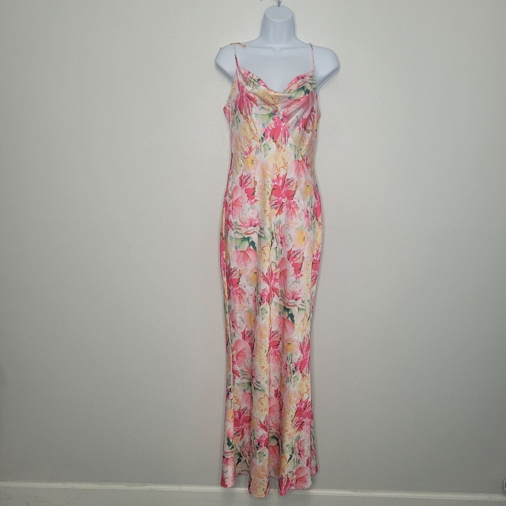 Next/up pink watercolor floral vacation romantic maxi slip dress size 7/8